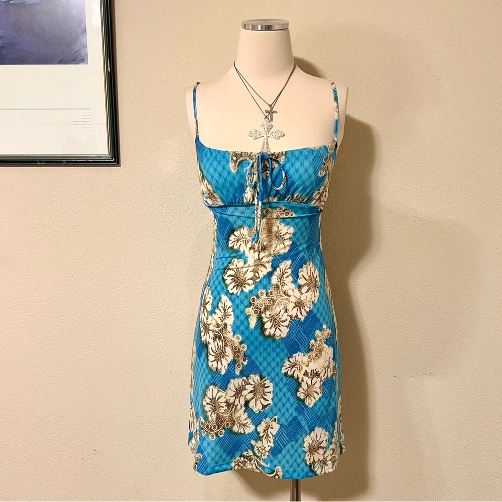 ❌SOLD❌ Vintage Stretchy Blue Hawaiian Print Mini Dress